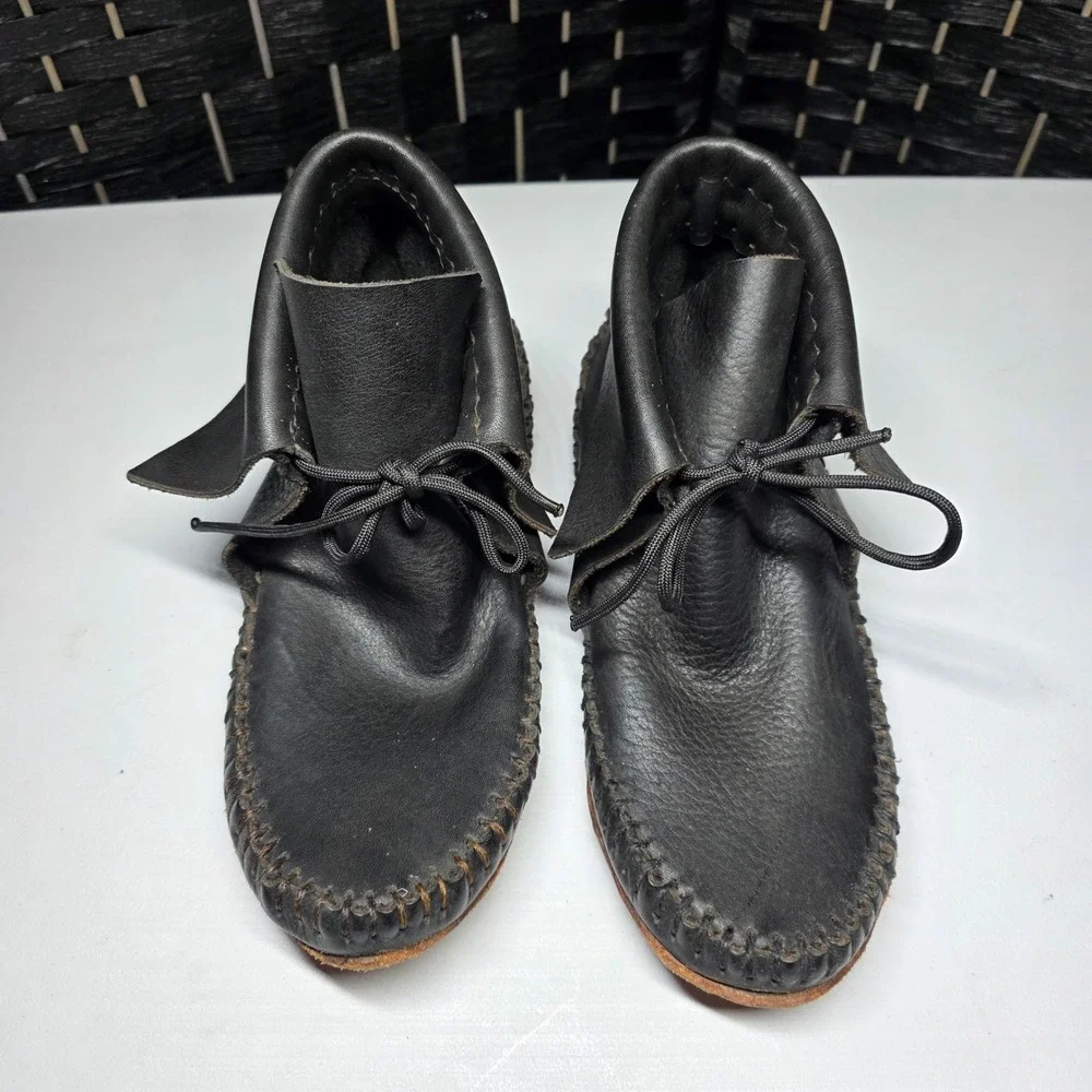 Handmade Black Leather Moccasin Boots Ankle Lace Up Whipstitch Women 9.5 Men 8